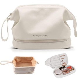 Bolsa De Cosméticos De Viaje De Gran Capacidad, Bolsa De Cosméticos Portátil De Cuero Resistente Al Agua de doble capa, Neceser Multifuncional Para Mujer