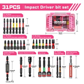 Geinxurn 31Pcs Impact Screwdriver Bits Set,Magnetic S2 Steel 1”/2”/3” Phillips/Square/Torx Bits Tips,Impact Bit Holder and Nut Driver with Pink Storage Box Case