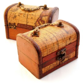 Set of 2 Treasure Chest for Decoration (Antique) with Leather Cover in Map Style, Wooden Box for Storage of Jewellery and Small Items - Brand Ganzoo