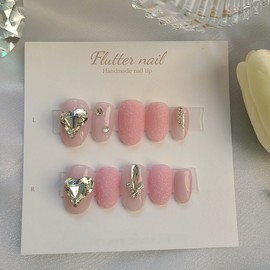 Pink Sprinkle Point Heart Stone Handmade Nail Tip - Short Oval / 핑크 뿌링글 포인트 하트스톤 수제네일팁 - 숏오발