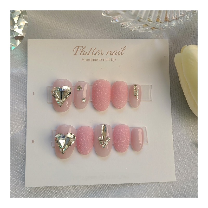 Pink Sprinkle Point Heart Stone Handmade Nail Tip - Short