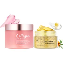 Collagen Jelly & Deep Vitamin C Capsule Cream, Face Moisturizer with Freeze Hydrolyzed Collagen & Vita C Cream with 5% Niacinamide, Anti-Wrinkle, Brightening Korean Skincare for 24h Glow & Elasticity