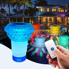 Pool Chlorine Floater Solar Light, Floating Chlorine Dispenser with Colorful Light for Swimming Pool Outdoor, Fits 1" and 3" Tablets, Adjustable Flow, Remote Control, Suitable for Bathtub Party Decor