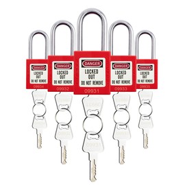 SATTRON Lockout Tagout Locks, 5 Red Safety Padlocks OSHA Compliant, Keyed Differently Loto Locks (2 Keys Per Lock) for Lock Out Tag Out Stations