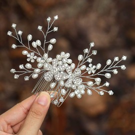 Ushiny Crystal Bridal Wedding Hair Comb Beads Headdress Flowers Hair Side Comb for Women and Girls (Silver)