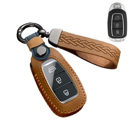 ontto Leather Car Key fob Cover fit for Hyundai I30 I40 Kona Solaris Grandeur Ig Accent Santa Fe Palisade 2017-2021 Keychain Keyring Accessories Remote Key case Key Bag Protector Brown