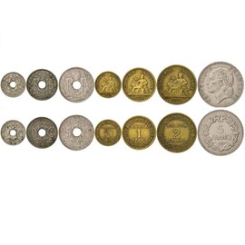 7 Coin Set from France | 5 10 25 50 Centimes 1 2 5 Francs | Phrygian Cap | Oak Leaves | Mercury | Laureate | Circulated 1917-1938