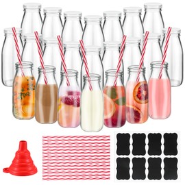 Tioncy Glass Bottles Set, 20 Pack 8.5oz Milk Bottles with Lids, Straws, Funnel & Labels for Juice, Coffee, Party Decoration
