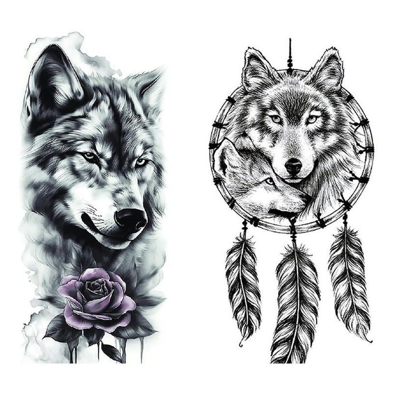 2 Blätter Temporäres Wolf Tattoo Wolf Traumfänger Tattoo Rose Tattoo