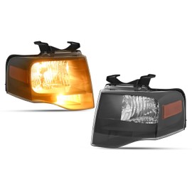 HECASA Pair Headlight Compatible with 2007-2014 Ford Expedition Halogen Headlamp Front Light Lamp w/Bulb Clear Lens Black Housing with Amber Reflector Replacement for FO2502226 FO2503226 Left&Right