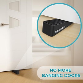 Strongest Home Heavy Duty Door Stopper Wedge (2 Black PCs) | Non-Slip Rubber and Metal Door Stop for Heavy Doors| Work on Wood, Tile, Carpet + 2 White Wall Protectors