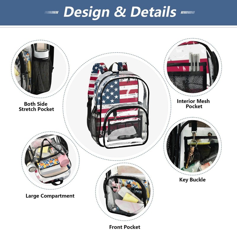 FLildon American Flag Clear Backpack with Back Print, Heavy Duty