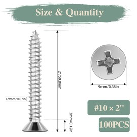 GOHODOMINO #10 x 2 Wood Screw 100Pcs, Stainless Steel 304 (18-8) Screws Flat Head Phillips Fast Self Tapping Drywall Screws