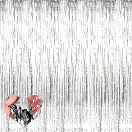 4 Pack Silver Fringe Curtain Backdrop, 3.2Ft x 9.8Ft Metallic Tinsel Foil Fringe Streamers Background for Photo Booth Birthday Wedding Baby Shower Carnival Easter Mother’s Day Party Decorations