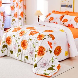 EVENHUG Twin Comforter Set 5 Pieces Reversible Twin Size Comforters for All Season Orange Sunflower Floral Bedding Sets Bed in a Bag with Flat Sheet and Fitted Sheet,Pillowcases & Shams