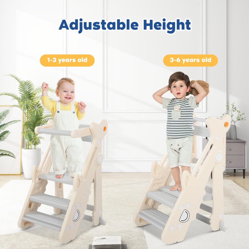 Dollate Foldable Adjustable Toddler Step Stool with Safety Rail, Anti-Slip