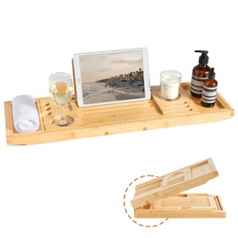 Realgulf Bamboo Bathtub Tray | Splash-Proof Adjustable (28-40 Inch) | Non-Slip Pads, Wine Holder & Tablet Stand | Bath Relaxation & Reading Essentials