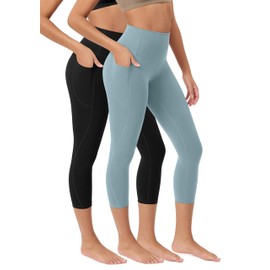 ODODOS 2-Pack Buttery Soft Lounge Yoga Leggings with Pockets for Women, 23" Cropped Length High Waist Yoga Pants, Black+Chambray, Medium