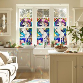 Unicorn Stained Glass Window Film, Decorative Unicorn Stained Glass Window Film, Unicorn Stained Glass Window Film for Bathroom Door Heat Anti UV