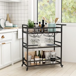 LORMITER Black Metal Bar Carts with 3 Tier Glass Shelves, Rolling Serving Bar Cart with Wine Rack and Glass Holder, Industrial Bar Carts & Wine Carts on Wheels for Kitchen, Indoor & Outdoor