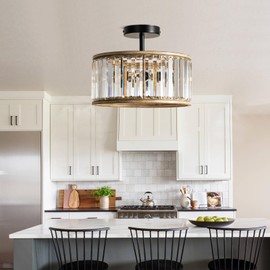 Veronie Crystal Ceiling Light Fixture,3 Light Crystal Semi Flush Mount Lighting Fixture,Round Small Hallway Ceiling Light for Entryway, Laundry Room, Kitchen, Bedroom, Foyer, Bathroom