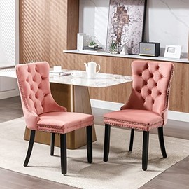 Linique Dining Chairs Set of 2, Velvet Upholstered Accent Chairs with Wooden Legs, Nailhead Trim, Back Ring Pull and Button Tufted for Kitchen, Office, Seat Height 20"/ Pink
