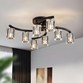 OKES 8-Light Semi Flush Mount Ceiling Light, Black and Gold Ceiling Light Fixture, Farmhouse Dining Room Light Fixture with K9 Crystal Shade, Modern Chandelier for Living Room,Bedroom,Entryway