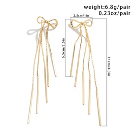 Long 14K Gold Bow Tassel Statement Earrings for Women, Sweet Cute Bowknot Ribbon Drop Dangle Stud Earrings Trendy Charm Christmas Anniversary Jewelry (Gold)