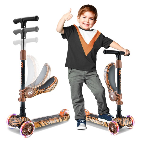 SereneLife 3 Wheeled Scooter for Kids - 2-in-1 Sit/Stand Child Toddlers Toy Kick Scooters w/ Flip-Out Seat, Adjustable Height, Wide Deck, Flashing Wheel Lights, Great for Outdoor Fun - SLKSTIG (Tiger)