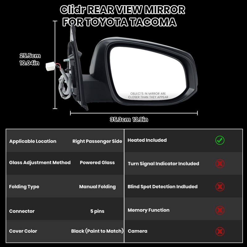 Clidr Passenger Side Mirror Compatible with Toyota Tacoma 2016-2025 Heated