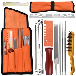 LEONTOOL 10 Pcs Chainsaw Sharpener File Kit, 5/32", 3/16", 7/32" Round Files, 6" Flat File, Wire Brush, Wood Handle, Depth Gauge, Quick Check Gauge, Filing Guide, Tool Pouch, Chain Saw Sharpener Tool