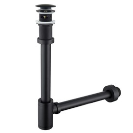 SEABEFORE Brass Round Bottle P-Trap with Pop Up Drain Stopper with Overflow,1 1/4 Adjustable Basin Sink Waste Drain Trap Kit,Matte Black P Trap