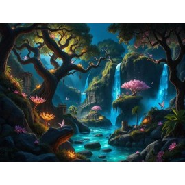 A Mystical Forest with Waterfalls, Ruins, and Glowing Flora Poster 18 x 24