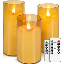 salipt LED Flameless Pillar Candles Battery Operated with Remote and Timer, Set of 3(D: 3" x H: 5" 6" 7") Plexiglass LED Flickering Candles with 3D Flame, Amber…