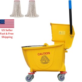 MATTHEW CLEANING PRODUCTS Mop Bucket with 2 Pack Mop Head Side Press Wringer 34 Quart