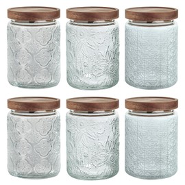 24 OZ/6 PCS Glass Storage Jar with Airtight Bamboo Wooden Lids, Vintage Food Containers Canisters Sets for Kitchen Counter Pantry, Sugar, Flour, Candy, Tea, Coffee Beans, Oats, Grain Bin, Pasta,