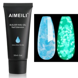 AIMEILI 30 ml Nail Extension Gel Translucent Glitter Glow in the Dark Colour Acrylic Nail Extension Builder Nail Gel Night Glow Blue Glitter Nail Extension Gel Nail Enhancement Gel 020