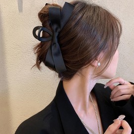 TOBATOBA Bow Claw Clip, 2Pcs Black Bow Claw Hair Clips, Ribbon Bow Clips for Women Girls, Hair Bows for Thick Thin Hair, Claw Clip with Bow, Nonslip Hair Barrette Hair Accessories for Christmas Gifts