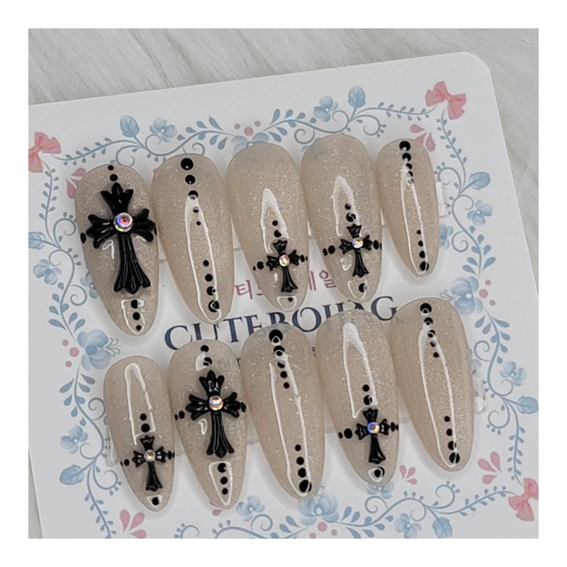 Champagne Cross Handmade Nail Tips - Oval S / 샴페인