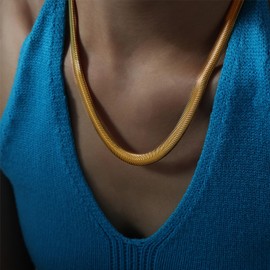 Jeanbeau Snake Chain Choker Necklaces for Women, Simple Statement 18K Gold Plated Flexible Flat Herringbone Layered Necklace Summer Prom Fashion Jewelry Gift