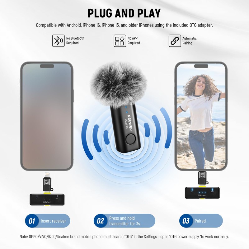 NEEWER Wireless Lavalier Microphone for iPhone Android Tablet PC Laptop