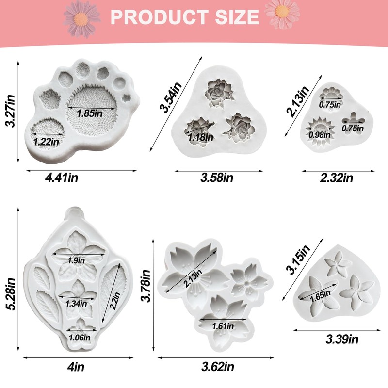 5 moldes de silicona para flores y hojas