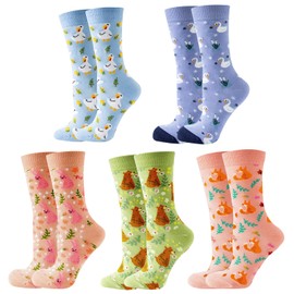 Ksriylm 5 Pairs Womens/Ladies Cotton Socks Cute Animal Womens Calf Length Socks Funny Novelty Crew Socks for Women Size 4-7