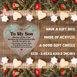 Son Christmas Ornament Gifts from Mom Mother, Son Birthday Christmas Graduation Gifts, Having You for A Son, Son Acrylic Heart Hanging Ornament Gifts