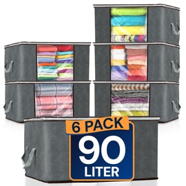 Reli. 90L Large Clothes Storage Bags (6 Pack) Closet Organizers and Storage Containers | Foldable Storage Bins with Lids & Handles | Clothes Storage for Towels, Comforters, Blanket Storage | Grey