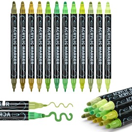 ZZWUAPT Green Dual Tip Acrylic Paint Pens,Adult Artist Acrylic Paint Markers for Wood, Canvas, Stone, Rock Painting, Glass, Ceramic Surfaces