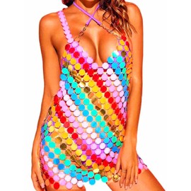 JEWEKY Rainbow Sequin Chainmail Dress Sparkly V-Neck Dot Sequin Mini Dresses Disco Club Rave Dress for Women