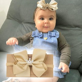 Yheahin Baby Girls Ribbon Bow Elastic Nylon Headband with Crystal Crown Toddler Bow-knot Stretchy Hair Band Birthday Party Hair Bow Accessories for Newborn Infant (Beige 1, Elastic)