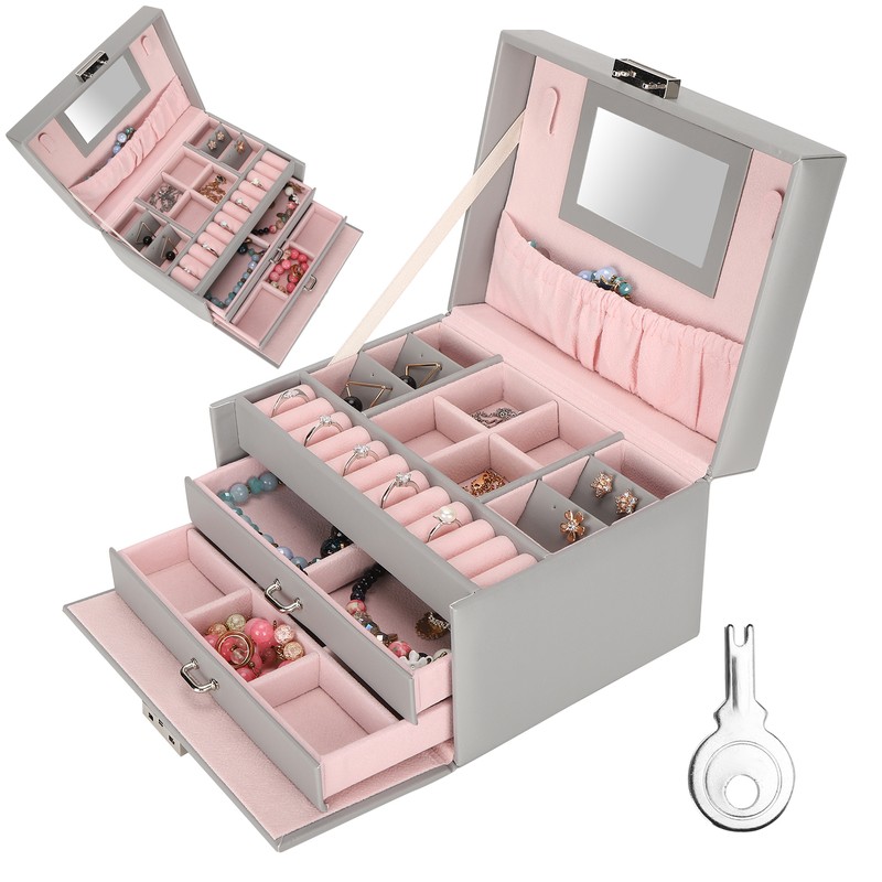 Three Layer Jewelry Storage Box PU Leather Necklace Rings Earrings