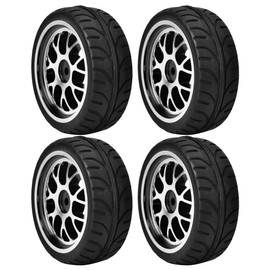 4pcs 1/10 RC Car Wheels Rubber Tire Aluminum Alloy Rim Spare Replacement Parts (Black concave)